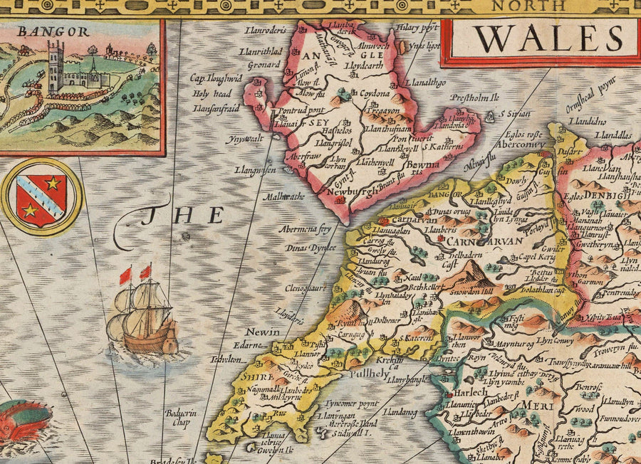 Alte Farbkarten von Wales, Cymru von John Speed, 1610 