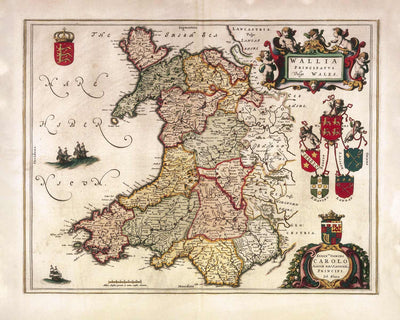 Mascarilla / Polaina para el cuello de Gales con un antiguo mapa de Gales realizado por Jean Blaeu en 1645