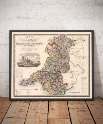 Viejo mapa de South Wales, 1829 por Greenwood & Co. - Glamorgan, Cardiff, Brecon, Swansea