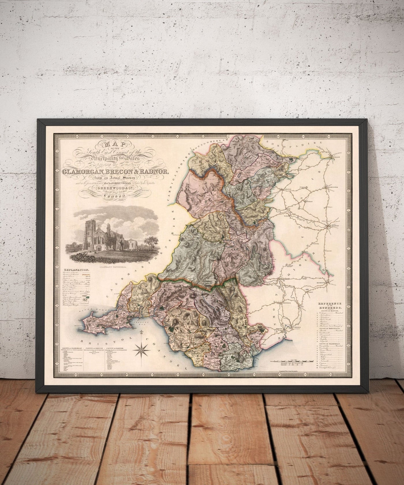 Alte Karte von Südwales, 1829 von Greenwood & Co. - Glamorgan, Cardiff, Brecon, Swansea