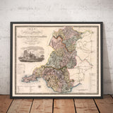 Mappa antica del Galles meridionale, 1829 di Greenwood & Co. - Glamorgan, Cardiff, Brecon, Swansea 
