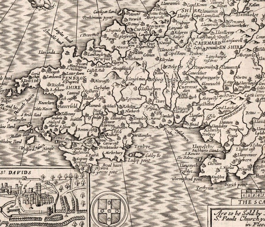 Vecchia mappa monocromatica del Galles, Cymru, 1611 di John Speed - Città, paesi, contee, Cardiff, Pembrokeshire, Anglesey 