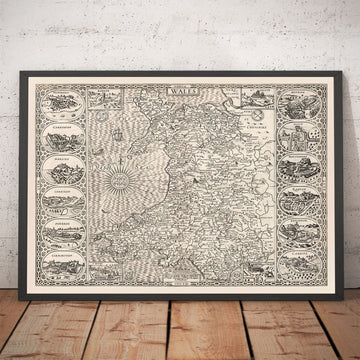 Old Monochrome Carte du Pays de Galles, Cymru, 1611 par John Speed ​​- Villes, Villes, Comtés, Cardiff, Pembrokeshire, Anglesey