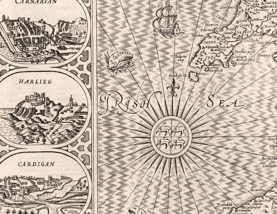 Vecchia mappa monocromatica del Galles, Cymru, 1611 di John Speed - Città, paesi, contee, Cardiff, Pembrokeshire, Anglesey 
