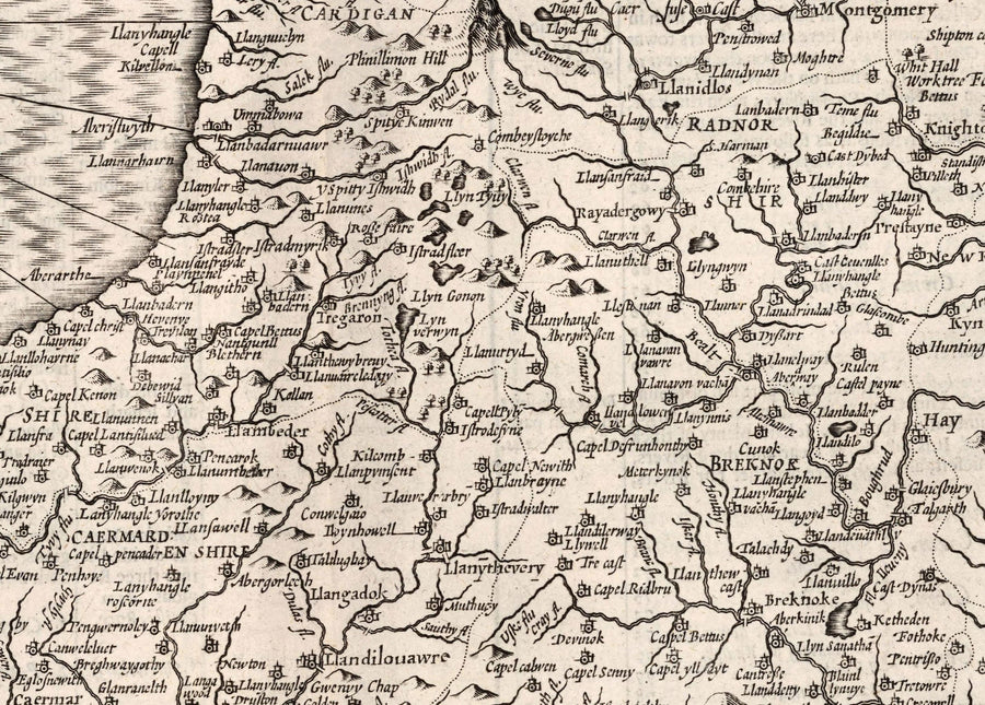 Vecchia mappa monocromatica del Galles, Cymru, 1611 di John Speed - Città, paesi, contee, Cardiff, Pembrokeshire, Anglesey 