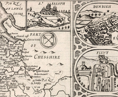 Mapa monocromático antiguo de Gales, Cymru, 1611 de John Speed ​​- Ciudades, Pueblos, Condados, Cardiff, Pembrokeshire, Anglesey