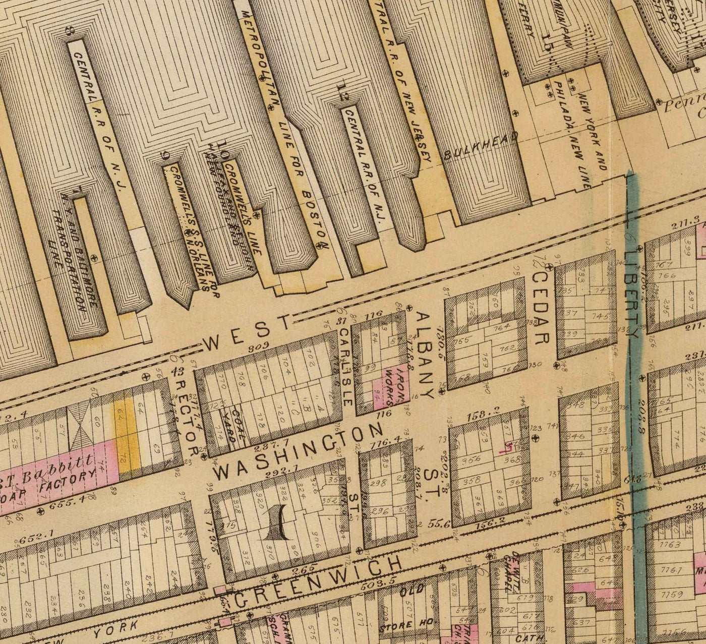 Ancienne carte de Battery Park City & Tribeca, 1879 - quartiers du centre de Manhattan NYC, Hudson River, Broadway, Greenwich St, West St