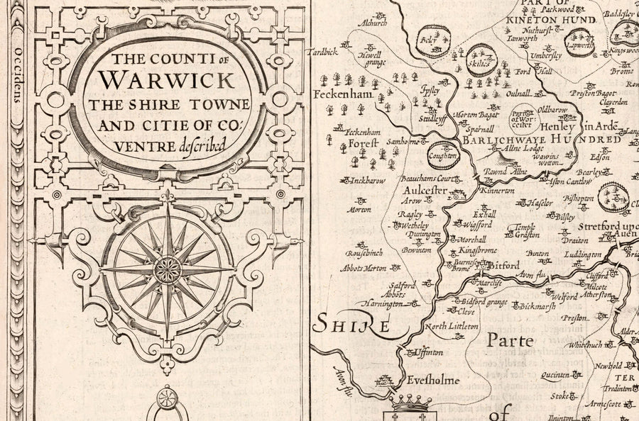 Ancienne carte de Warwickshire en 1611 par John Speed ​​- Birmingham, Coventry, Solihull, Warwick