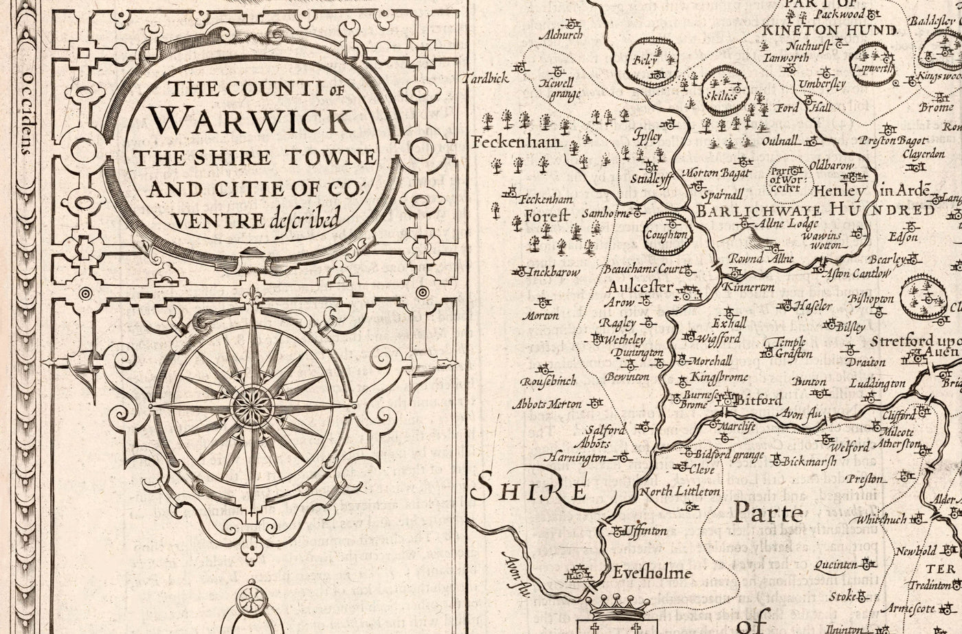 Alte Karte von Warwickshire im Jahre 1611 von John Speed ​​- Birmingham, Coventry, Solihull, Warwick