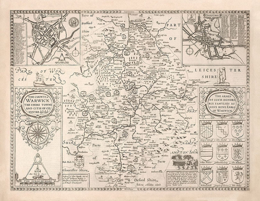 Ancienne carte de Warwickshire en 1611 par John Speed ​​- Birmingham, Coventry, Solihull, Warwick