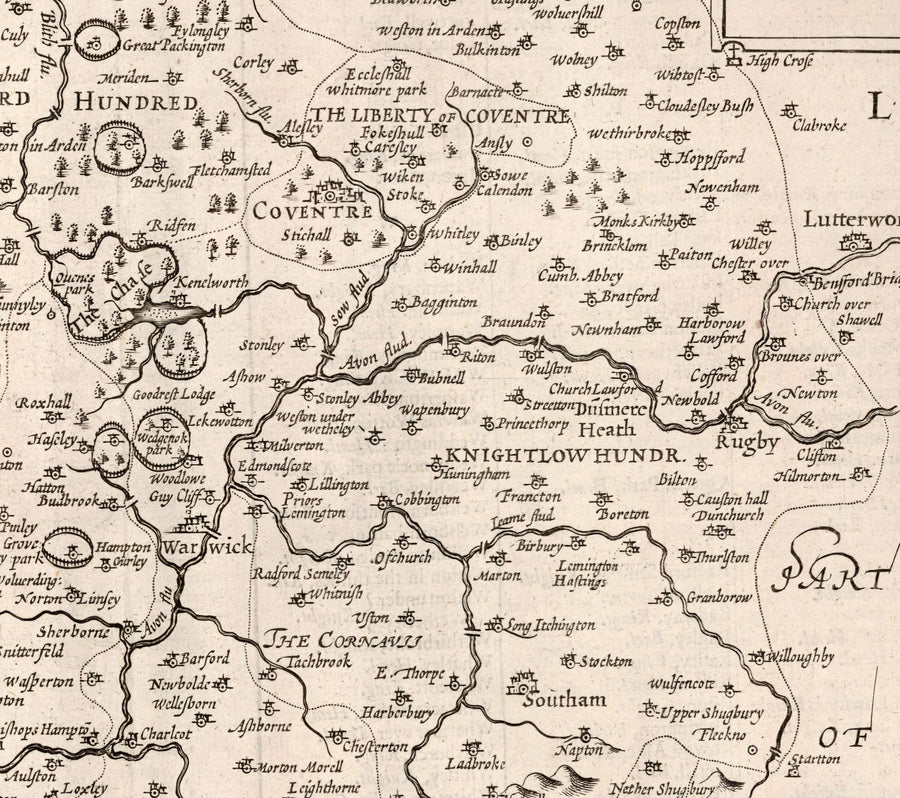 Ancienne carte de Warwickshire en 1611 par John Speed ​​- Birmingham, Coventry, Solihull, Warwick