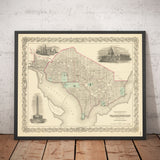 Viejo mapa de Washington DC, 1855 de Colton - Georgetown, Capitol, Monumento, Casa Blanca del Presidente, Smithsonian