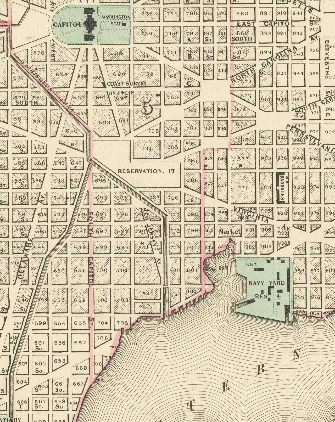 Viejo mapa de Washington DC, 1855 de Colton - Georgetown, Capitol, Monumento, Casa Blanca del Presidente, Smithsonian