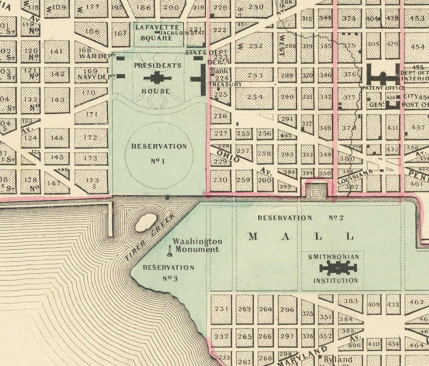 Viejo mapa de Washington DC, 1855 de Colton - Georgetown, Capitol, Monumento, Casa Blanca del Presidente, Smithsonian