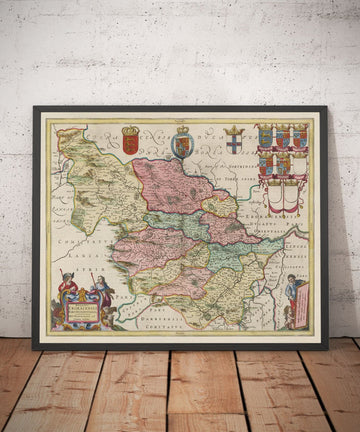 Alte Karte von West Yorkshire, 1665 von Joan Blaeu - York, Bradford, Sheffield, Leeds, Huddersfield, Halifax, Wakefield 
