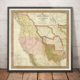 Ancienne carte de l'Ouest des États-Unis, 1846 par Samuel Mitchell - Grande Californie et Oregon - Indien, territoire du Missouri - Possessions britanniques 