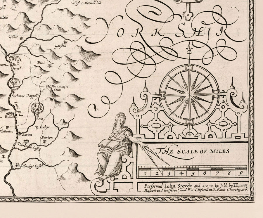 Old Monochrome Carte de Westmorland, 1611 par John Speed ​​- District Lake, Cumbria, Kendal, Windermere, Grasmere