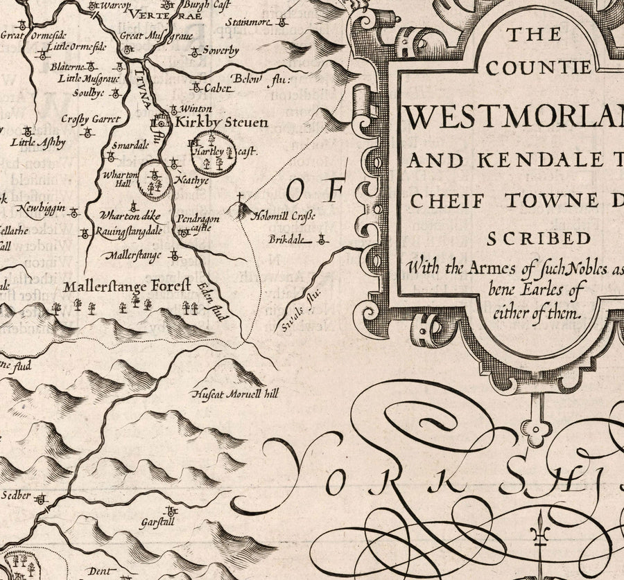Old Monochrome Carte de Westmorland, 1611 par John Speed ​​- District Lake, Cumbria, Kendal, Windermere, Grasmere