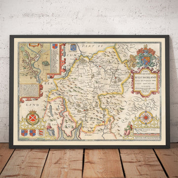 Mappa antica del Westmorland, 1611 di John Speed - Lago di District, Cumbria, Kendal, Windermere, Grasmere 