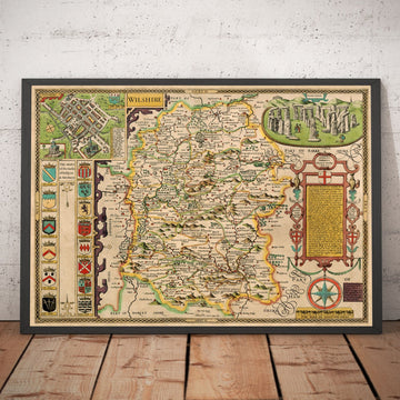 Alte Karte von Wiltshire im Jahr 1611 von John Speed - Salisbury, Stonehenge, Swindon, Trowbridge 