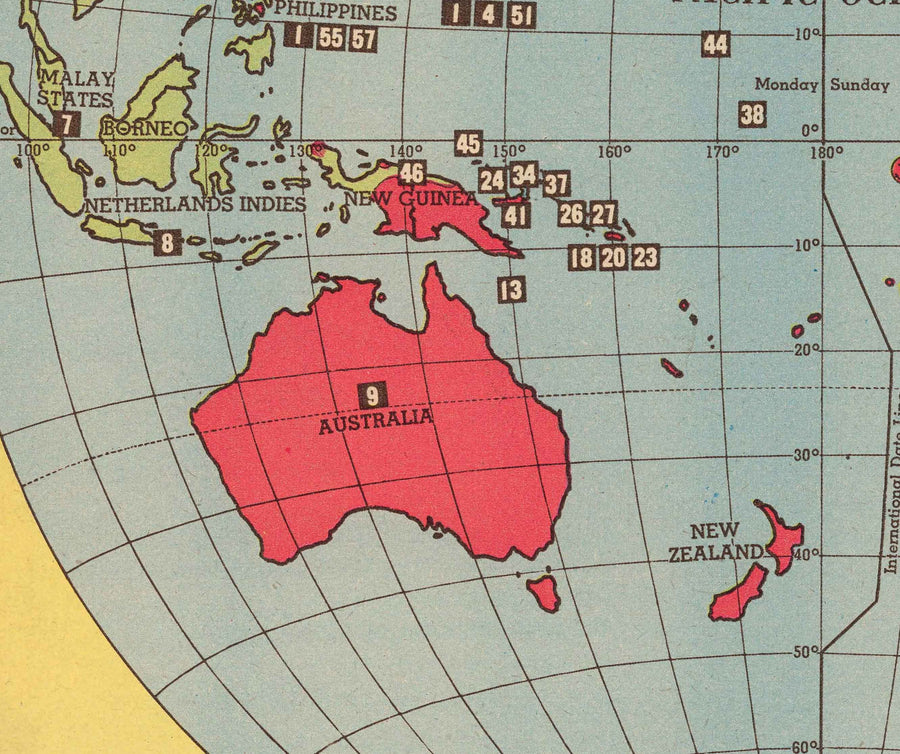 Alter Zweiter Weltkrieg Karte, 1945 - "3 Jahre Krieg" von Edwin Sundberg - Alliierte gegen Achse - Die Beteiligung der USA am Zweiten Weltkrieg 