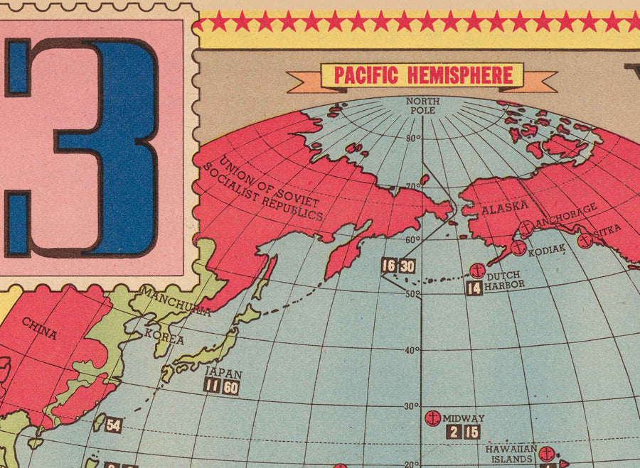 Alter Zweiter Weltkrieg Karte, 1945 - "3 Jahre Krieg" von Edwin Sundberg - Alliierte gegen Achse - Die Beteiligung der USA am Zweiten Weltkrieg 