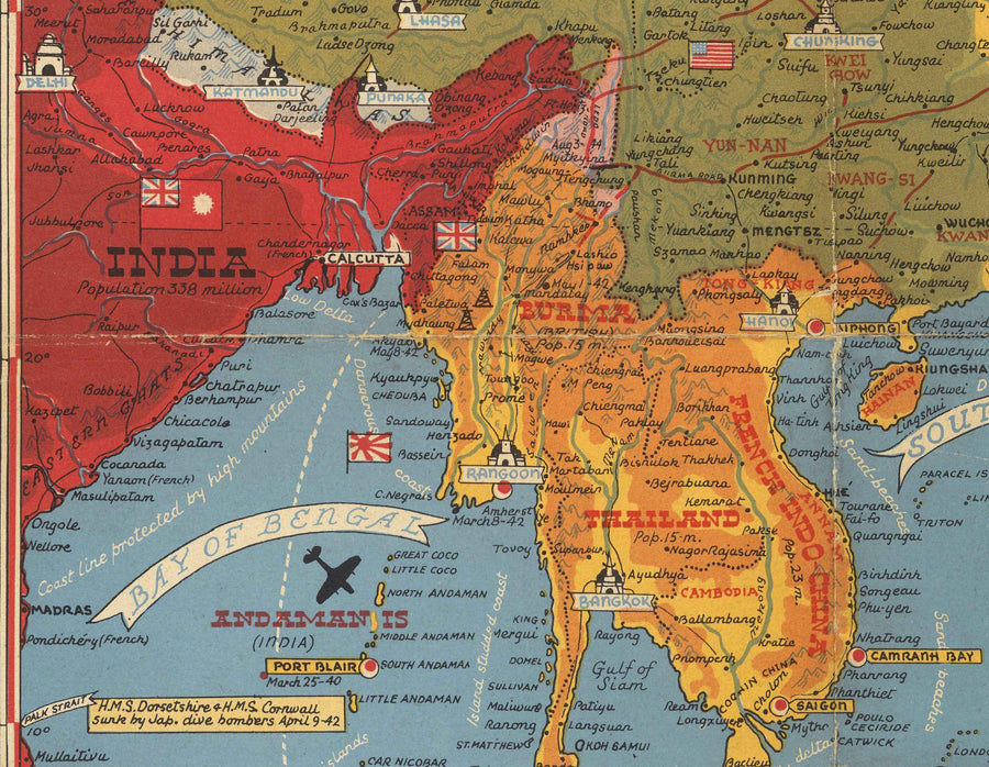 Ancienne carte de la Seconde Guerre mondiale du Pacifique et de Tokyo en 1942 par Stanley Turner - "Événements datés" Invasion du Japon et de l&