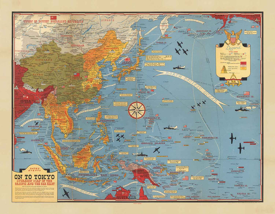 Ancienne carte de la Seconde Guerre mondiale du Pacifique et de Tokyo en 1942 par Stanley Turner - "Événements datés" Invasion du Japon et de l&