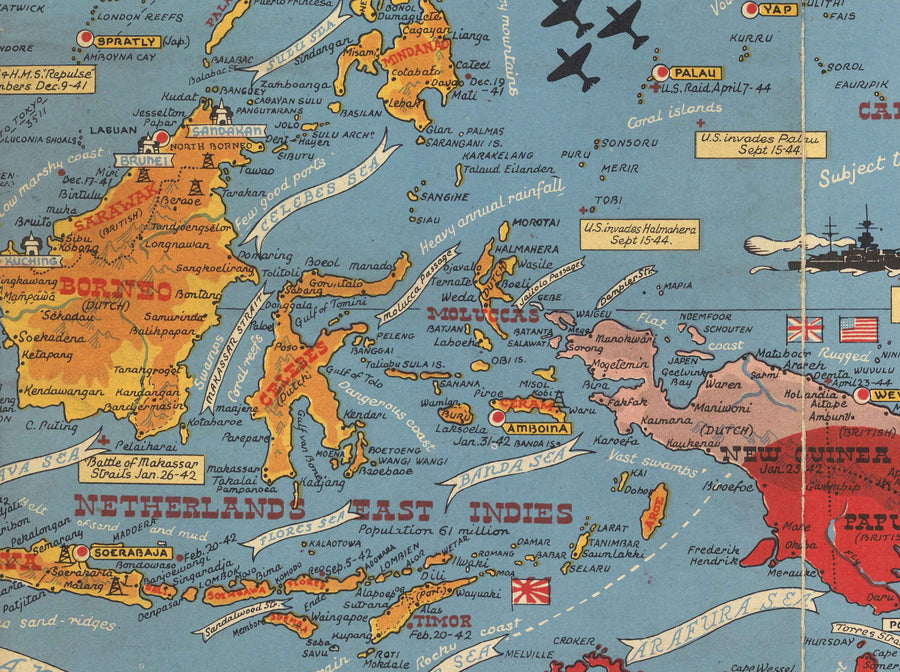 Ancienne carte de la Seconde Guerre mondiale du Pacifique et de Tokyo en 1942 par Stanley Turner - "Événements datés" Invasion du Japon et de l&