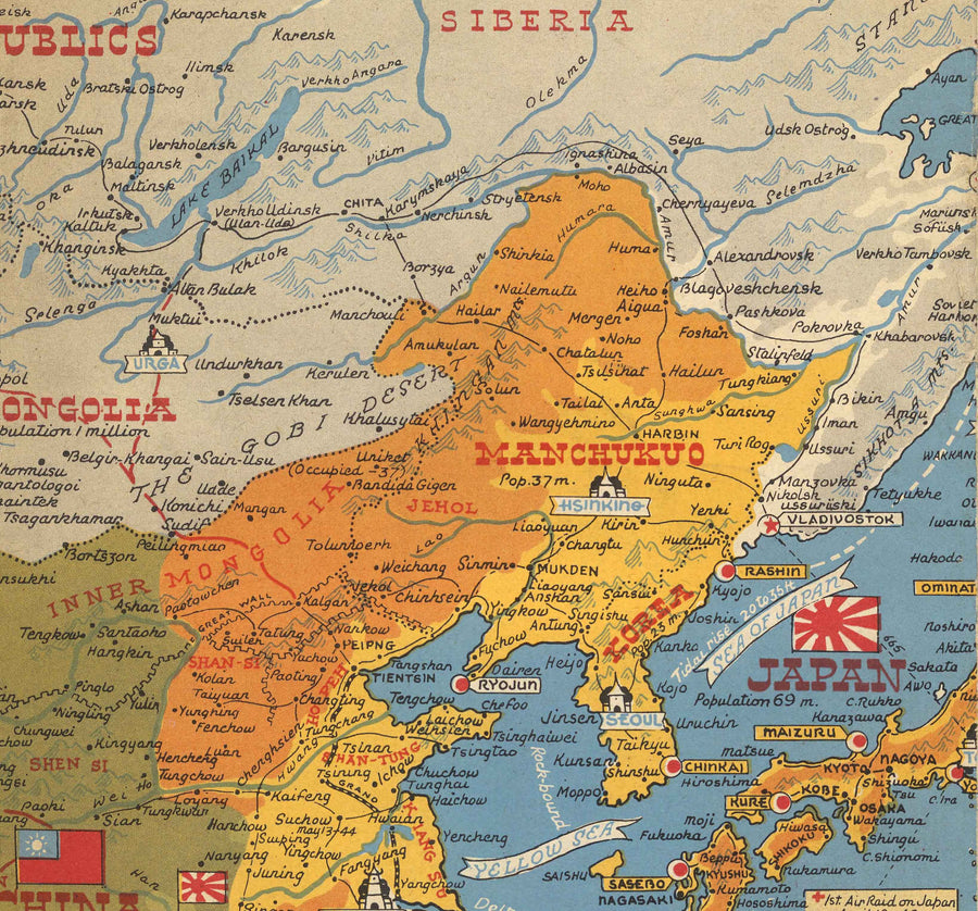 Ancienne carte de la Seconde Guerre mondiale du Pacifique et de Tokyo en 1942 par Stanley Turner - "Événements datés" Invasion du Japon et de l&