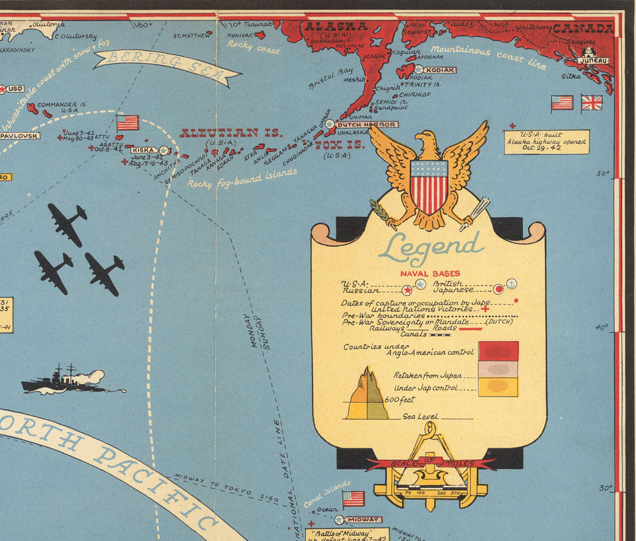 Ancienne carte de la Seconde Guerre mondiale du Pacifique et de Tokyo en 1942 par Stanley Turner - "Événements datés" Invasion du Japon et de l&