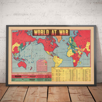 Mappa della Seconda Guerra Mondiale, 1942 - "Mondo in Guerra" di Edwin Sundberg - Gli Stati Uniti entrano in guerra - Alleati contro truppe dell&