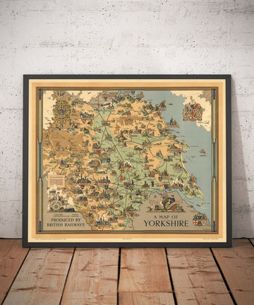 Mapa antiguo de Yorkshire, 1949 - Gráfico pictórico ferroviario británico - York, Sheffield, Bradford, Leeds, Middlesbrough, Pennines