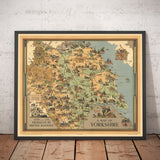 Old Map of Yorkshire, 1949 - British Railway Pictorial Chart - York, Sheffield, Bradford, Leeds, Middlesbrough, Pennines