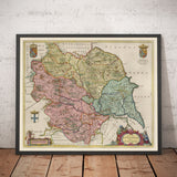 Antica mappa dello Yorkshire nel 1654 di Joan Blaeu - York, Bradford, Sheffield, Leeds, Middlesbrough, Harrogate 
