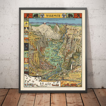 Mappa Pittoresca Antica del Parco Nazionale di Yosemite nel 1941 di Jo Mora - Mirror Lake, Vernal Falls, Nevada Falls, Eagle Peak, Washington Column 