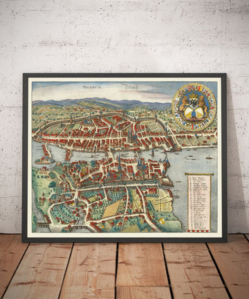 Mappa antica di Zurigo, Svizzera 1638 di Matthaus Merian - Lago di Zurigo, fiume Limmat, canali, mura del castello, stemma 