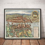 Ancienne carte de Zurich, Suisse 1638 par Matthaus Merian - Lac de Zurich, rivière Limmat, canaux, murs du château, blason 
